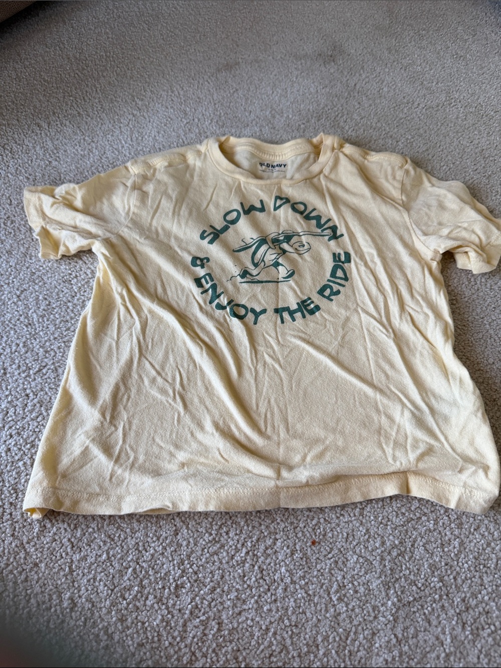 Old Navy Pale Yellow Tee with Green Ride Graphic